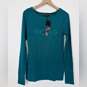 BCBG Max Azria Sweater Women XL Teal Logo Rhinestone Knit Top NWT